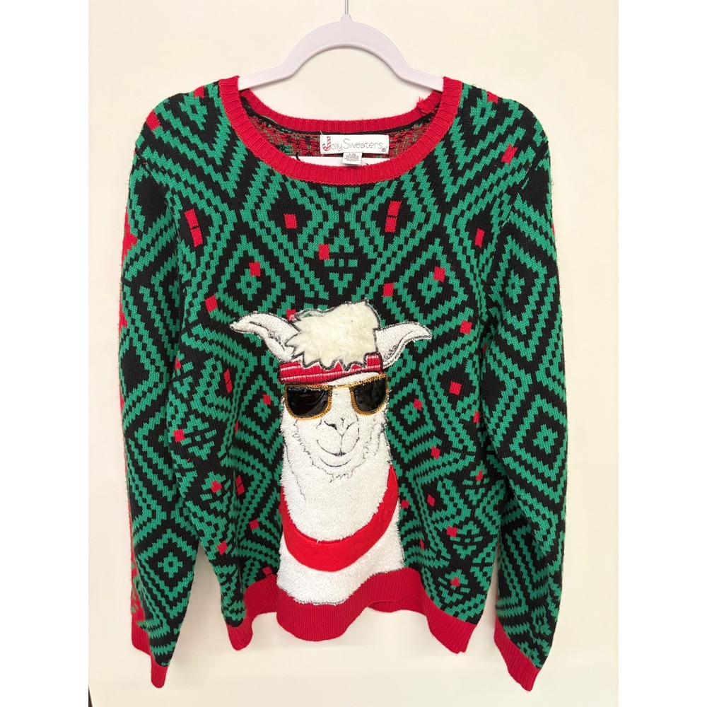 Ugly Christmas Festive Knit Sweater Llama Sequin Sweaters Women L Green Red Camp